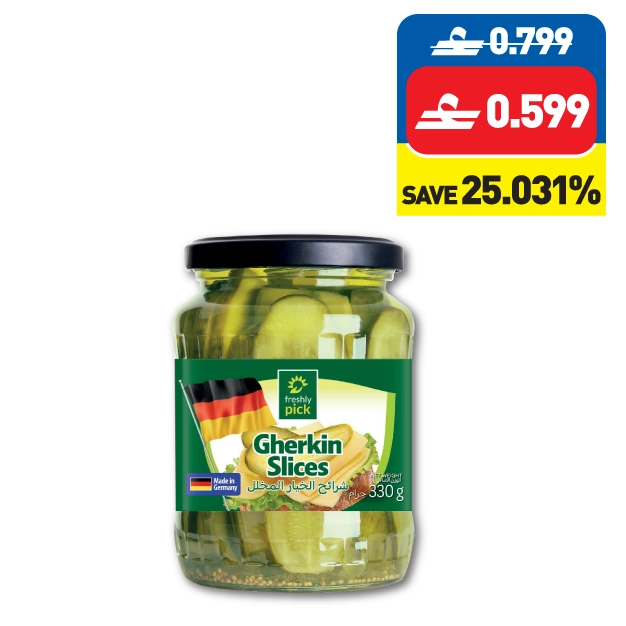 ﻓﺮﻳﺸﲇ ﺑﻴﻚ ﴍاﺋﺢ ﺧﻴﺎر ﻣﺨﻠﻞ ٣٣٠ غ Freshly Pick Gherkin Slices 330g
