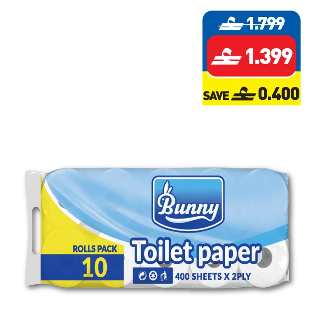 Bunny Toilet Rolls 400’s x 2 Ply 10 Rolls Bunny Toilet Rolls 400’s x 2 Ply 10 Rolls