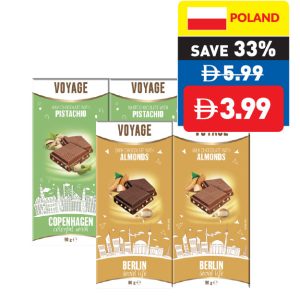 Voyage Dark/ Milk Chocolate With Almonds/ Milk/ White Chocolate With Pistachio 90g Voyage Dark/ Milk Chocolate With Almonds/ Milk/ White Chocolate With Pistachio 90g