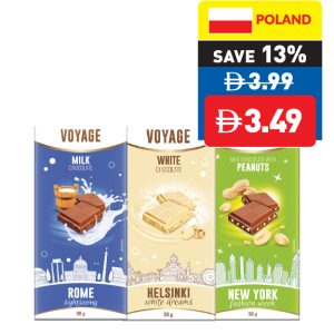 Voyage Milk/ White Chocolate/ Milk Chocolate With Peanuts 90g Voyage Milk/ White Chocolate/ Milk Chocolate With Peanuts 90g