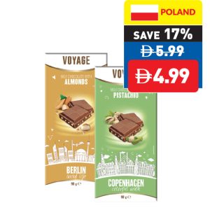 Voyage Dark/ Milk Chocolate With Almonds/ Milk/ White Chocolate With Pistachio 90g