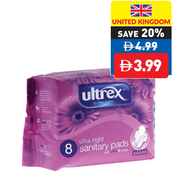 Ultrex Feminine Hygiene Pads Ultra Night 8’s Ultrex Feminine Hygiene Pads Ultra Night 8’s