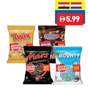 Twix/ Snickers/ Mars/ Bounty Miniatures 150g x 2 (1×12) Twix/ Snickers/ Mars/ Bounty Miniatures 150g x 2 (1×12)